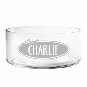 Personalized Oval Bones Glass Dog Bowl