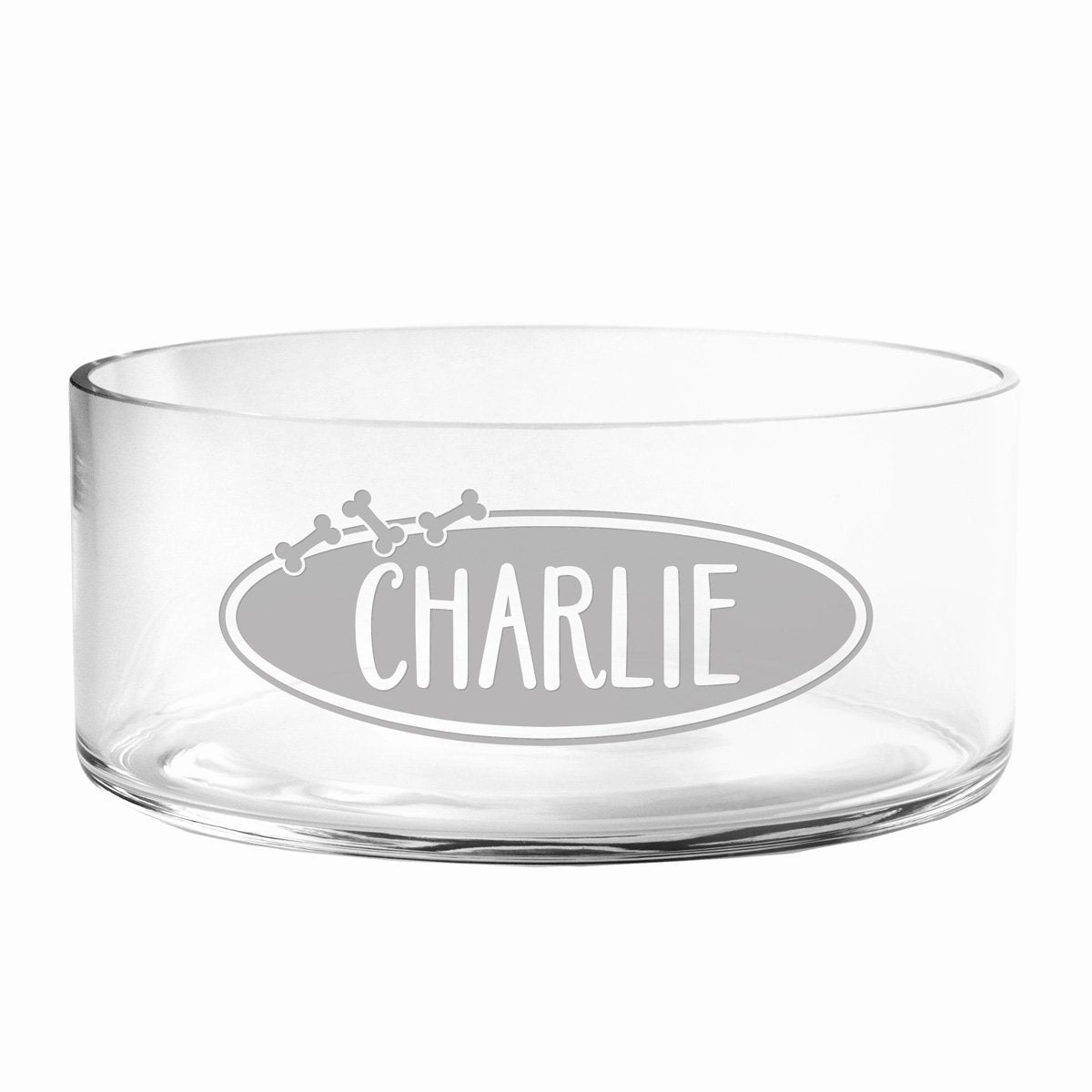 Personalized Oval Bones Glass Dog Bowl