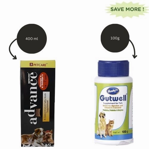Petcare Nutricoat Advance Omega 3   6 Syrup and Venkys Gutwell Pre & Probiotics Gut Health Powder for Dogs and Cats Combo