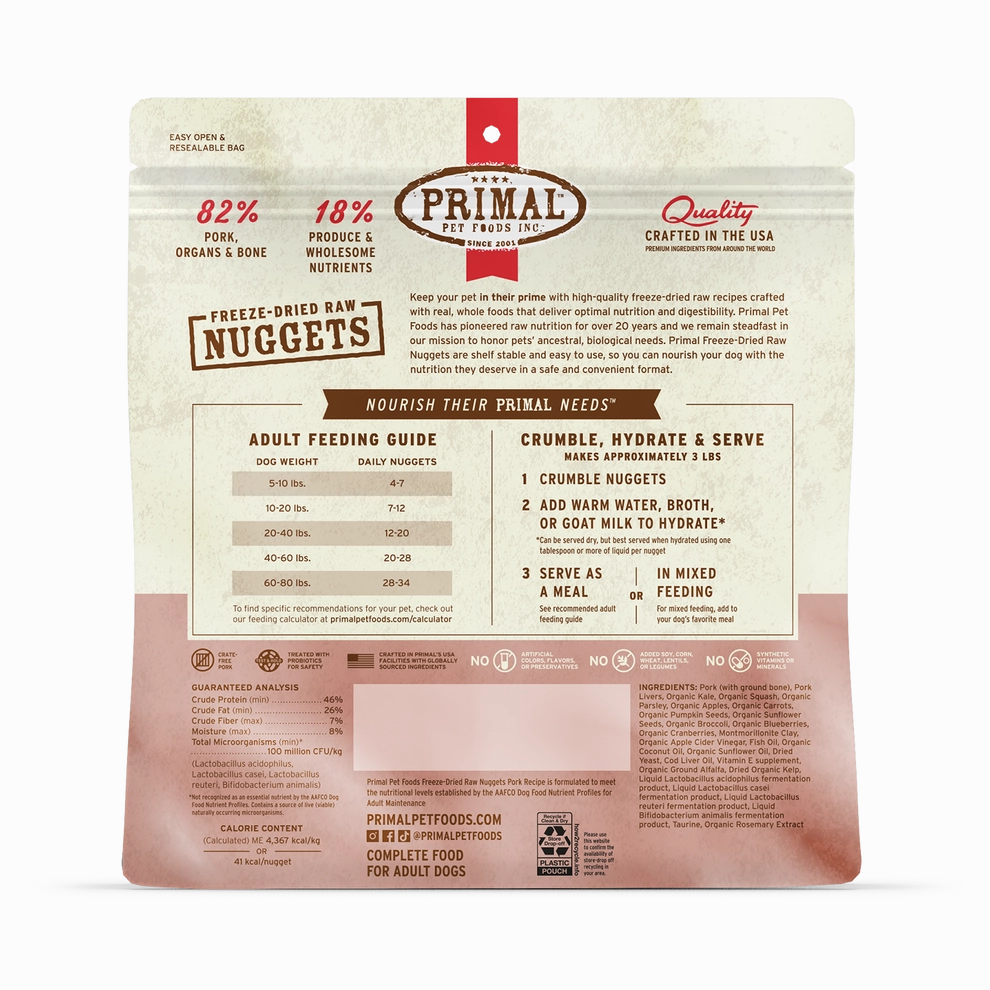 Primal Freeze Dried Nuggets Grain Free Pork Formula Complete Diet Dog Food