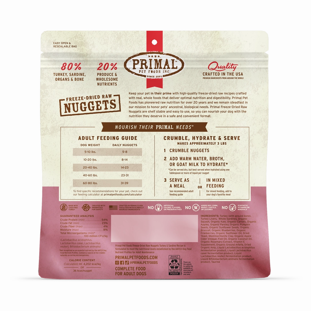 Primal Freeze Dried Nuggets Grain Free Turkey and Sardine Formula Dog Food