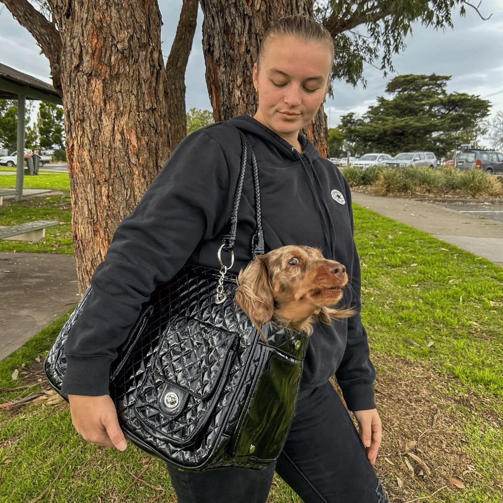 Quilted Patent Dog Carrier - Black