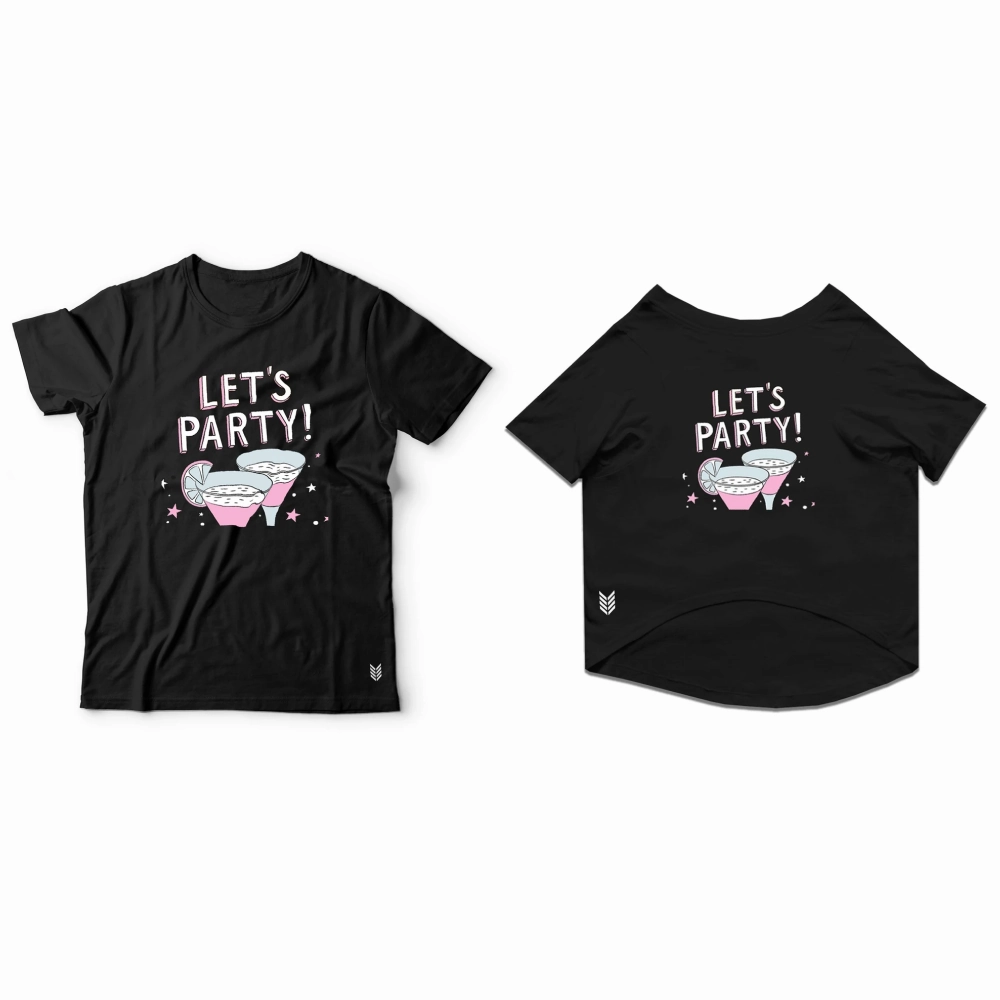 Ruse "Let's Party" Printed Half Sleeves Unisex T Shirt for Dogs and Pet Parents (Black)