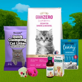 Scoopy Cat Litter, Kitty Yums Creamy Treats, Himalaya Digyton Syrup, Signature Kitten Food & Skatrs Mouse Toy Limited Cat Hamper