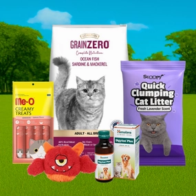 Scoopy Cat Litter, Me-O Creamy Treats, Digyton Syrup, Signature Cat Food & Basil Plush Squeaky Toy Limited Cat Hamper