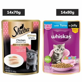 Sheba Chicken Loaf and Whiskas Tuna in Jelly Kitten Cat Wet Food Combo