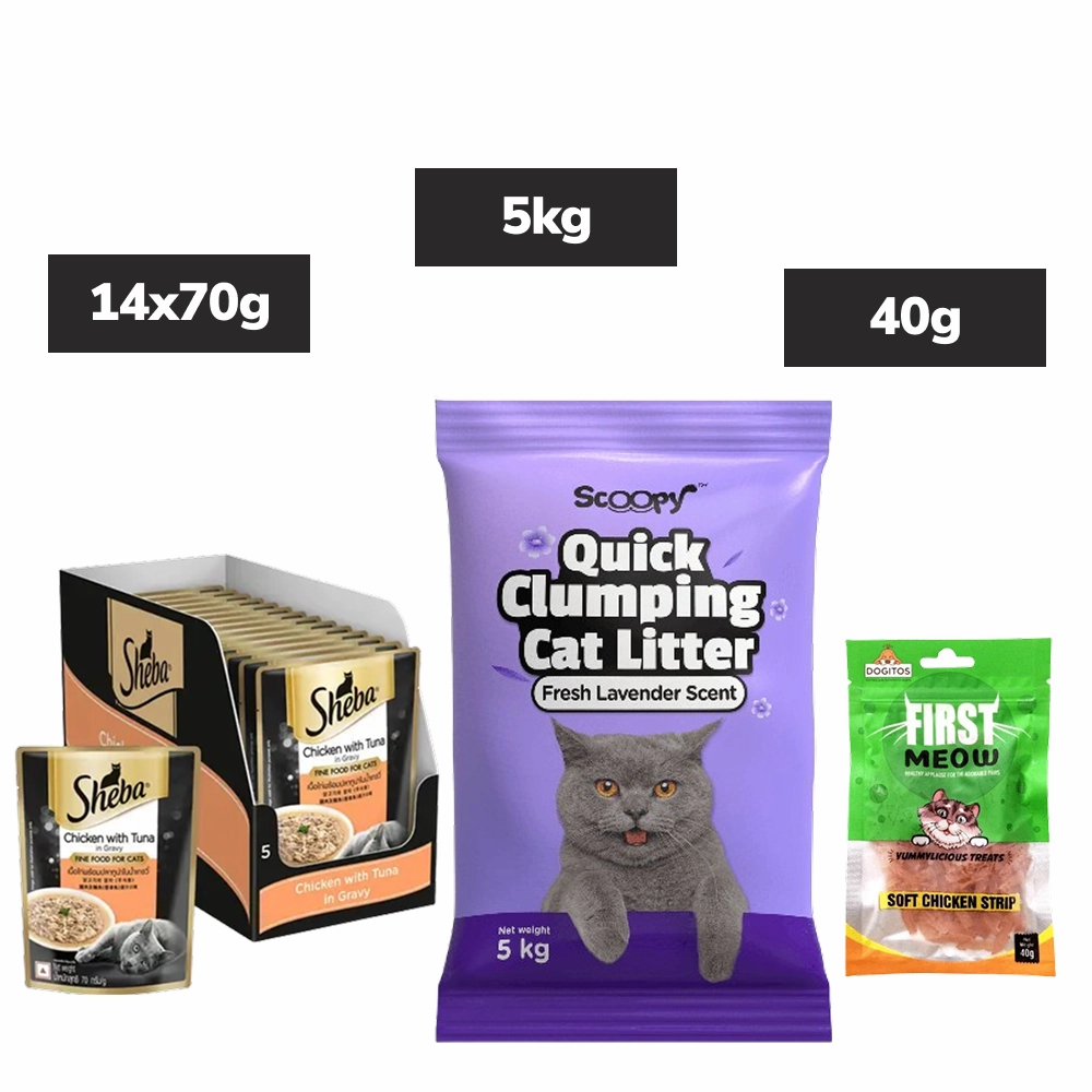 Sheba Chicken Tuna Gravy Adult Wet Food, Scoopy Lavender Natural Litter, First Meow Soft Strip Treat Cats Combo