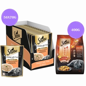 Sheba Chicken With Tuna In Gravy Rich Premium Adult Fine Wet Food and Chicken Flavour Irresistible All Life Stage Cat Dry Food Combo