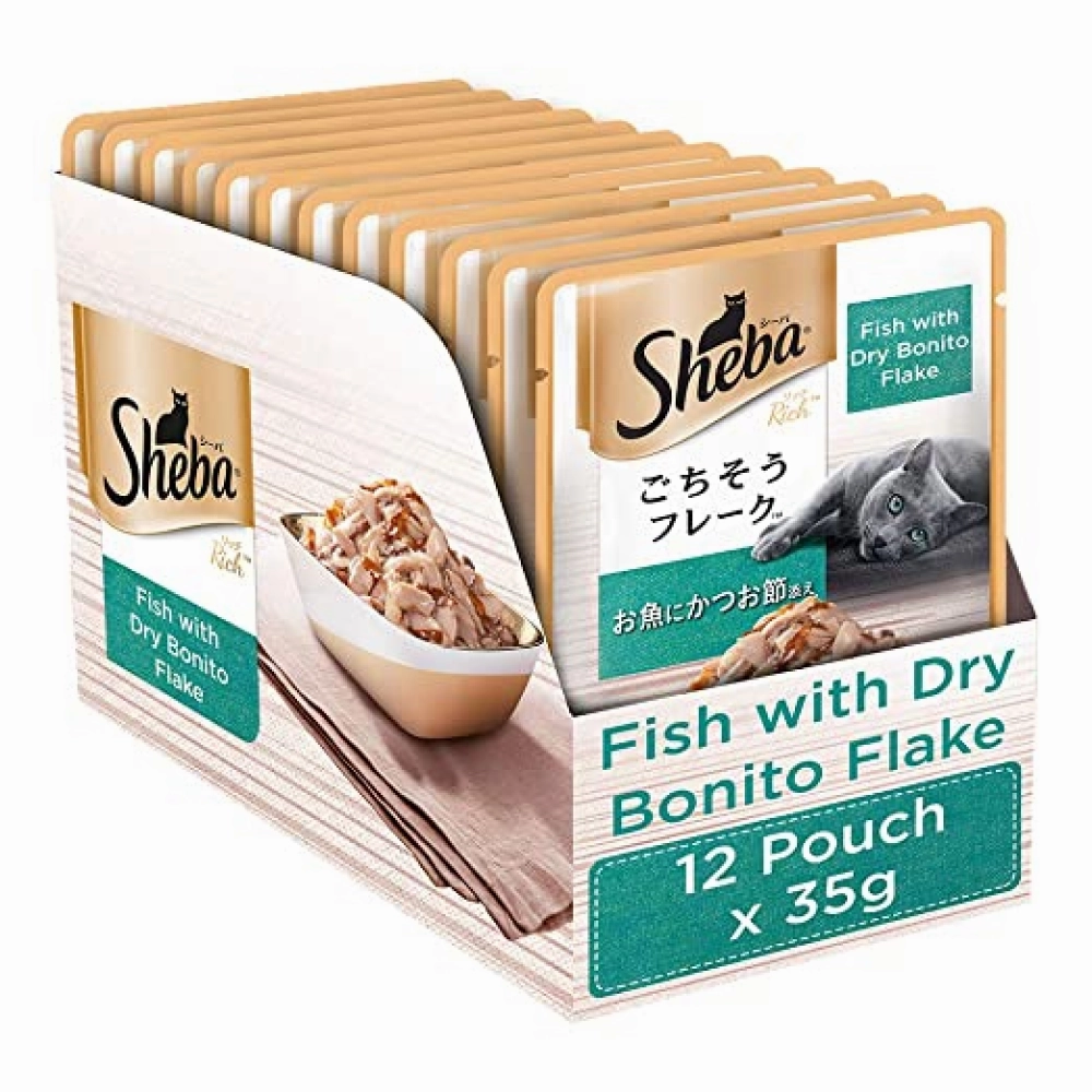 Sheba Fish with Dry Bonito Flake, Skipjack & Salmon Fish and Fish with Sasami Cat Wet Food Combo