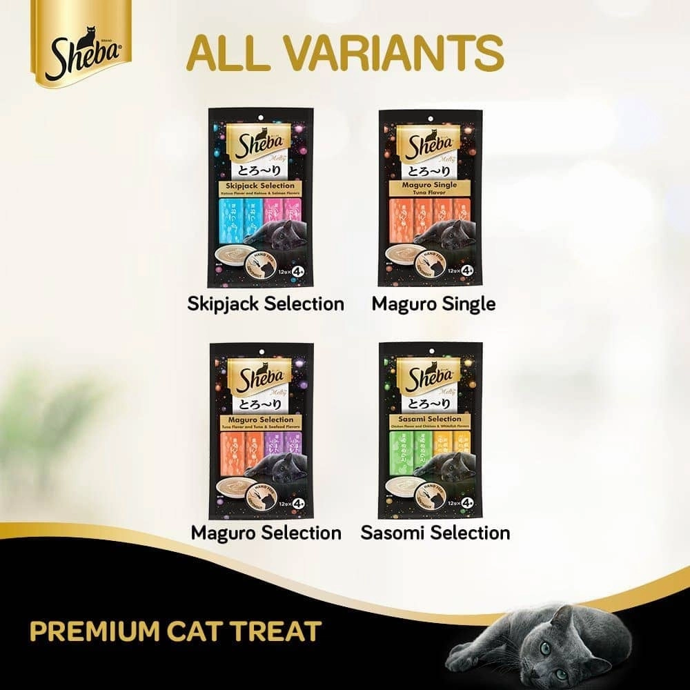 Sheba Tuna Flavor and Tuna & Prawn Maguro and Sheba Chicken & Chicken Whitefish Sasami Melty Premium Treats for Cats Combo