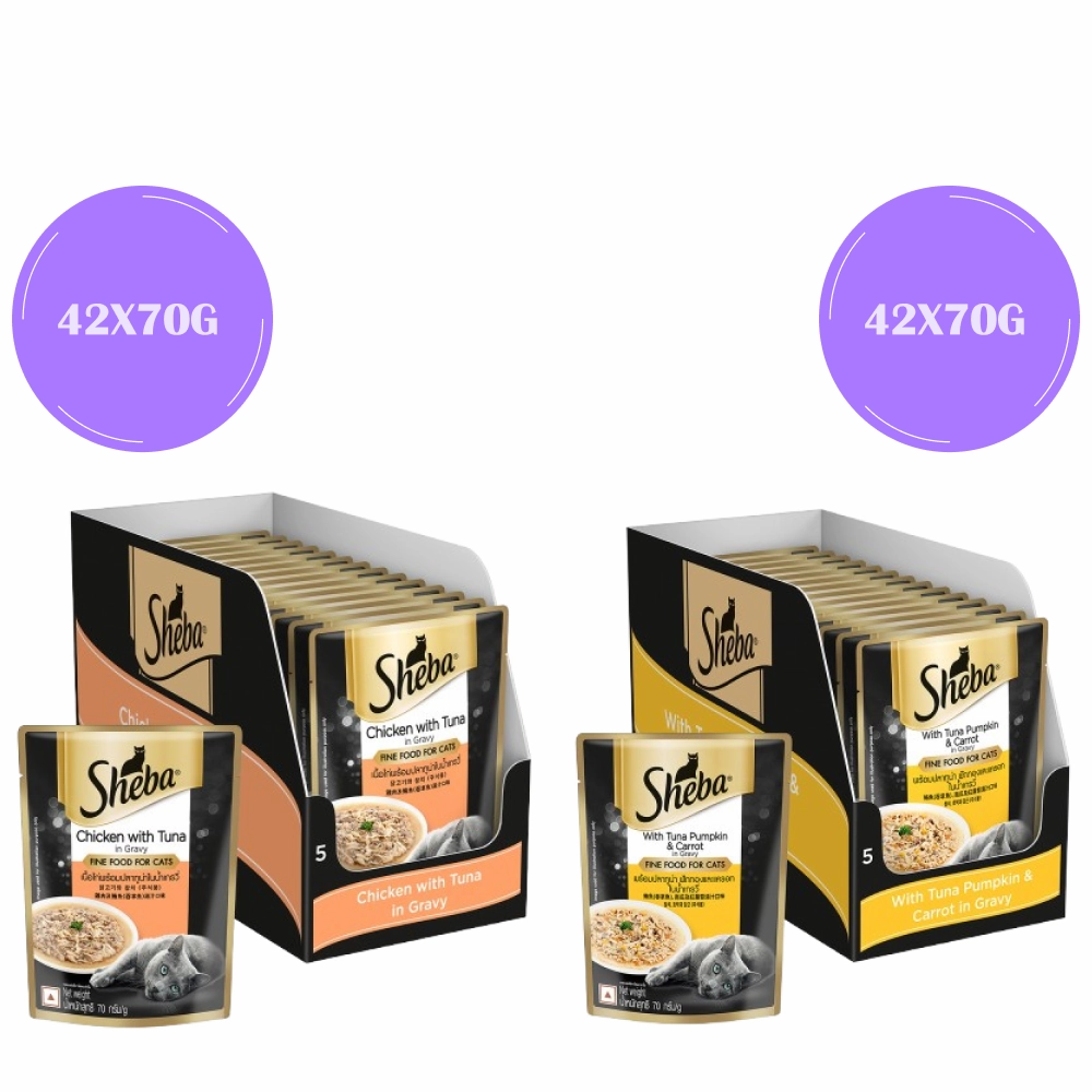 Sheba Tuna Pumpkin & Carrot In Gravy and Chicken With Tuna In Gravy Rich Premium Adult  Fine Cat Wet Food Combo