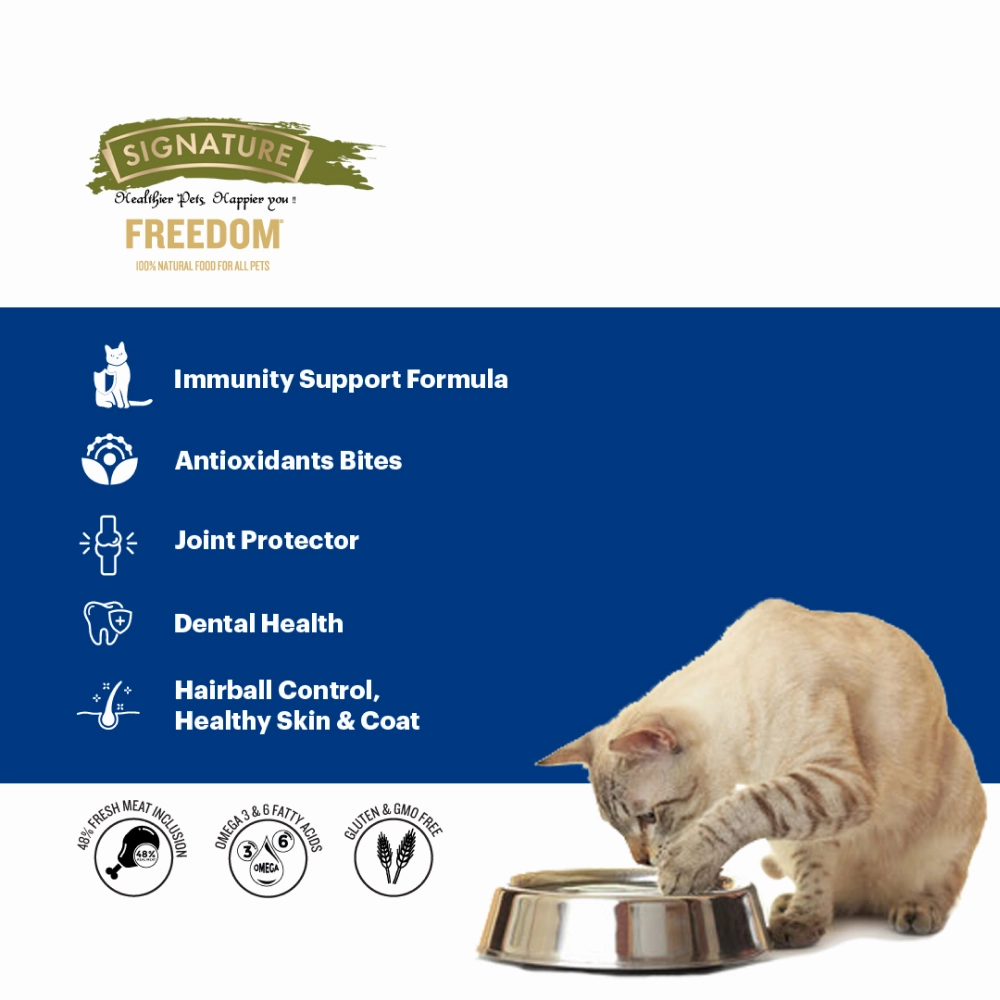 Signature Freedom Fish, Chicken and Peas Recipe Adult Cat Dry Food and Grain Zero Salmon Lickable Creamy Cat Treats Combo