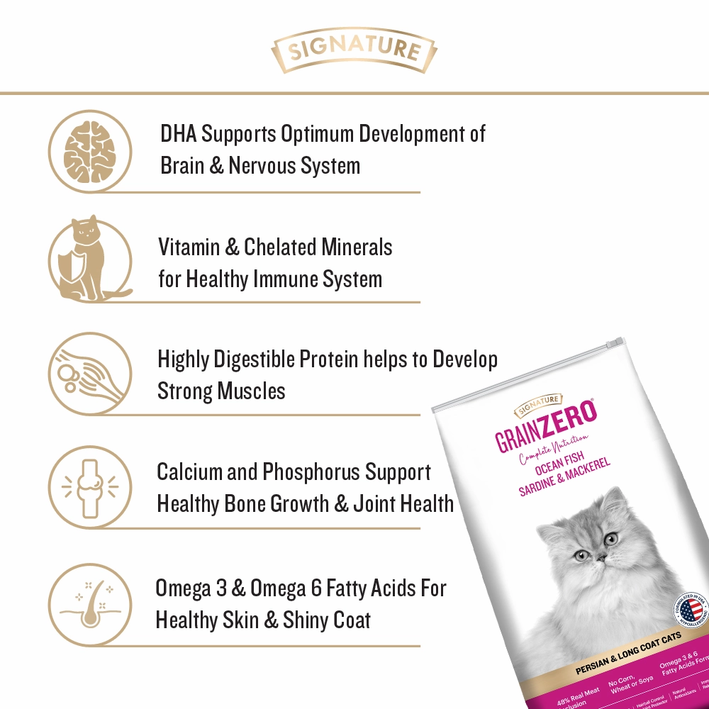 Signature Grain Zero Ocean Fish, Sardine and Mackerel Long Coat & Persian Adult Cat Dry Food and Grain Zero Crab Lickable Creamy Cat Treats Combo