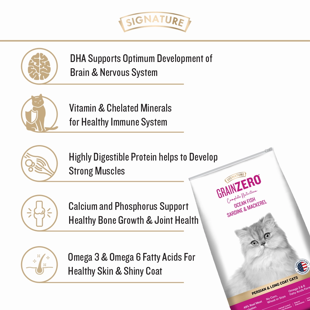 Signature Grain Zero Ocean Fish, Sardine and Mackerel Long Coat & Persian Cat Dry Food and  Grain Zero Tuna and Ocean Fish Lickable Creamy Cat Treats
