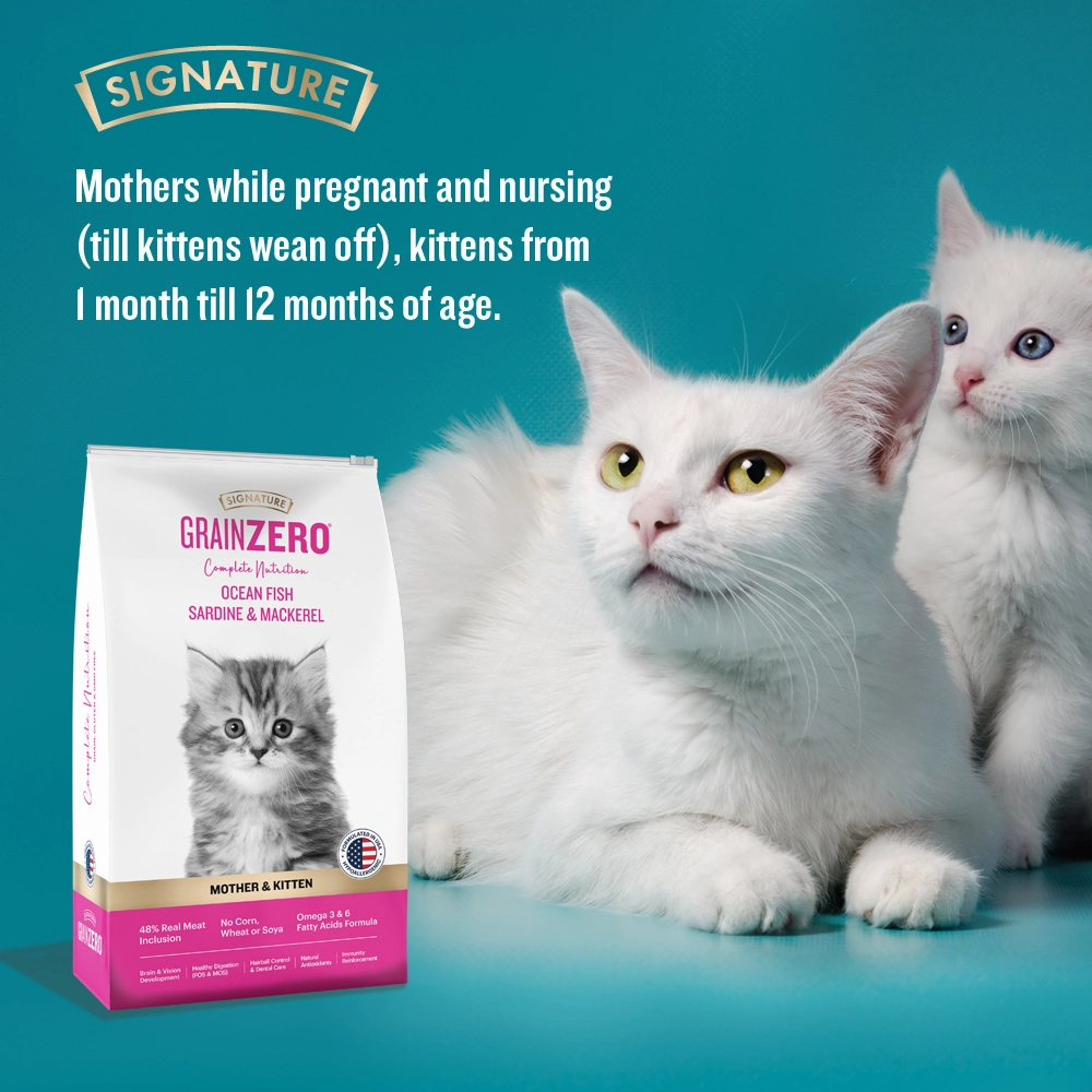 Signature Grain Zero Ocean Fish, Sardine and Mackerel Mother and Kitten Cat Dry Food and Grain Zero Chicken and Liver Lickable Creamy Cat Treats Combo