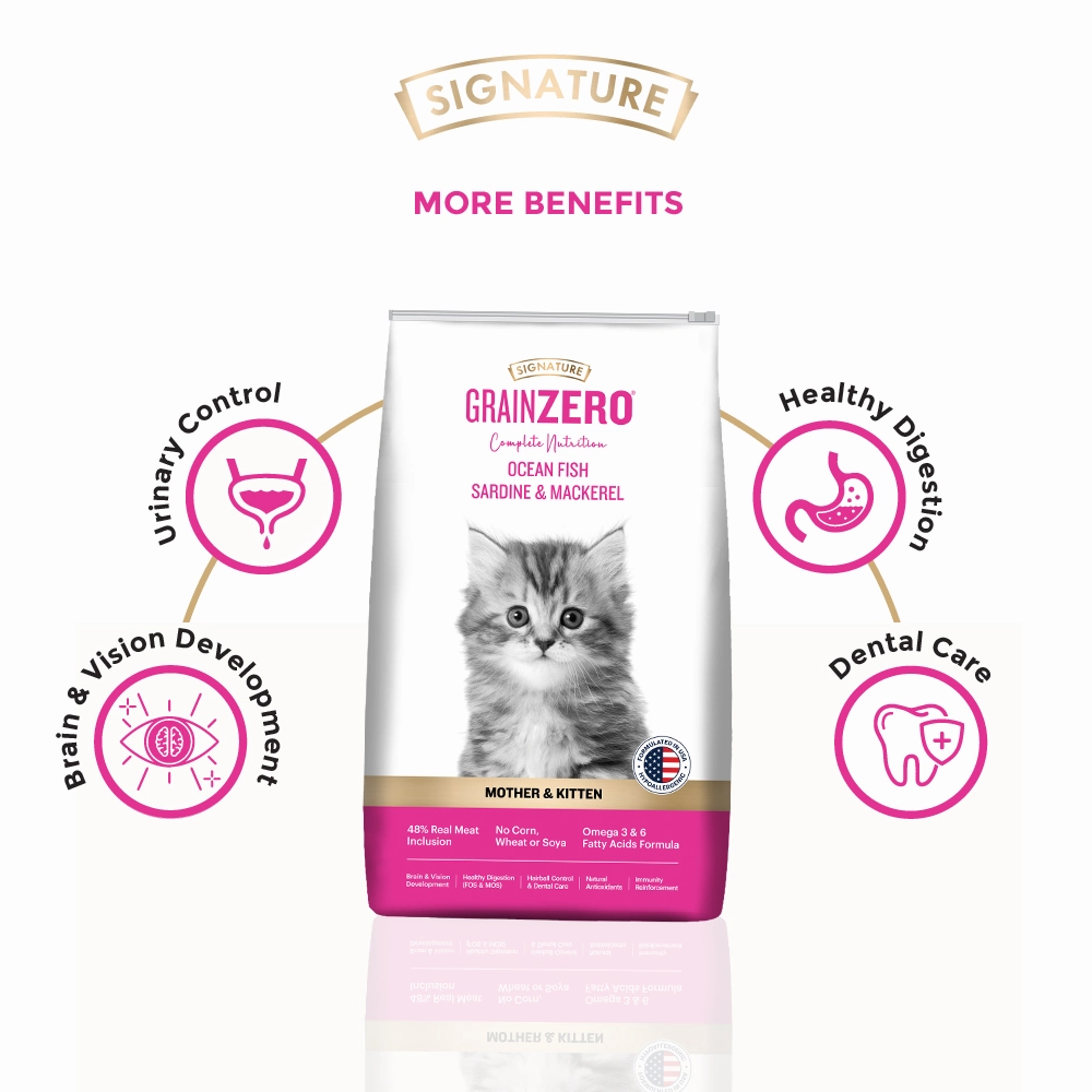 Signature Grain Zero Ocean Fish, Sardine and Mackerel Mother and Kitten Cat Dry Food and Grain Zero Chicken and Liver Lickable Creamy Cat Treats Combo