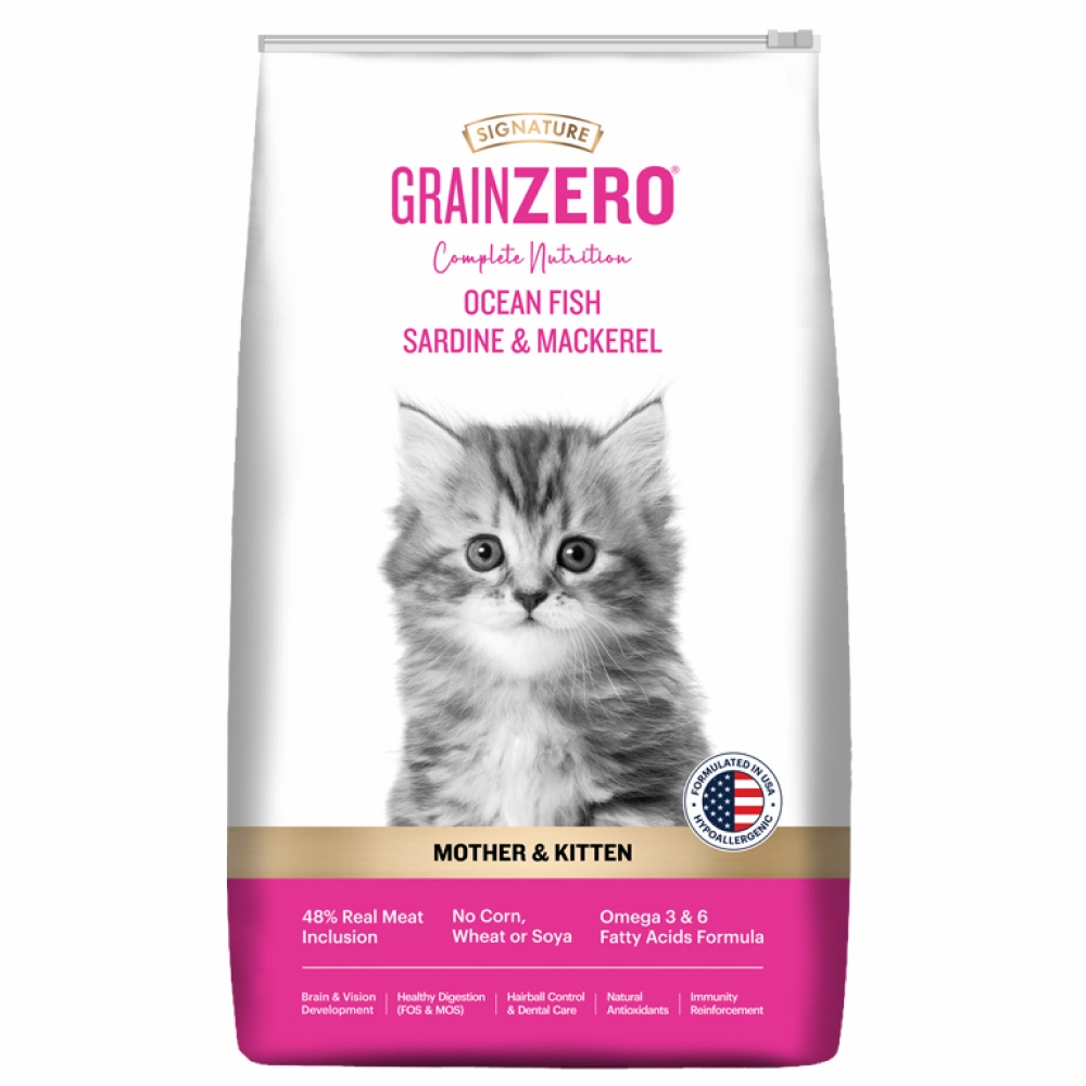 Signature Grain Zero Ocean Fish, Sardine and Mackerel Mother and Kitten Cat Dry Food and Grain Zero Chicken and Liver Lickable Creamy Cat Treats Combo