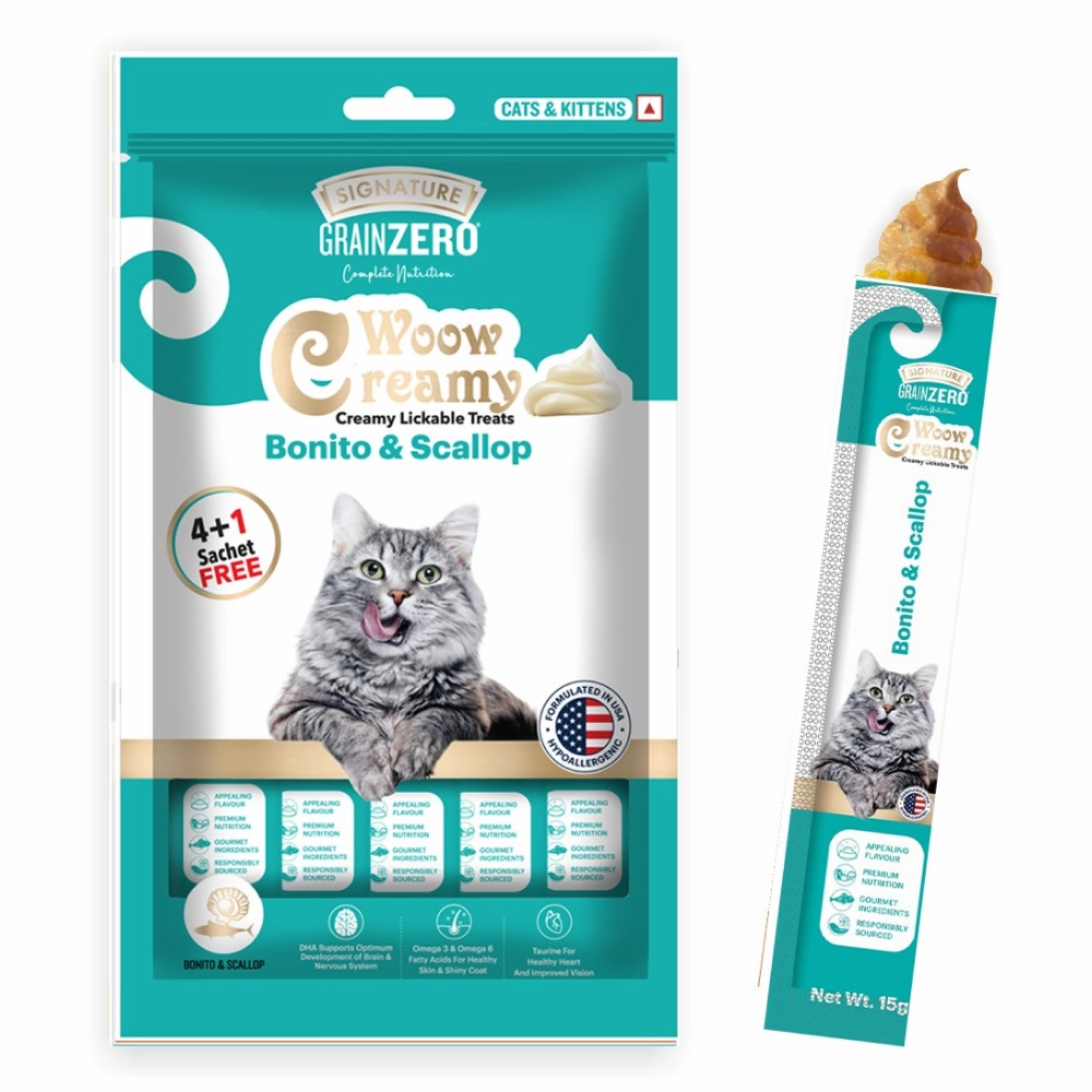 Signature Grain Zero Salmon and Bonito & Scallop Lickable Creamy Cat Treats Combo