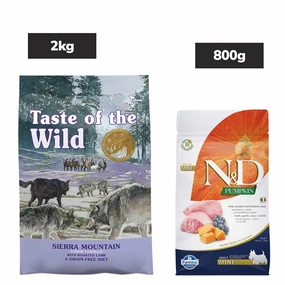 Taste of the Wild Sierra Mountain Roasted Lamb Dry Food, Farmina ND Pumpkin Lamb Blueberry Mini Adult Dog Dry Food Combo