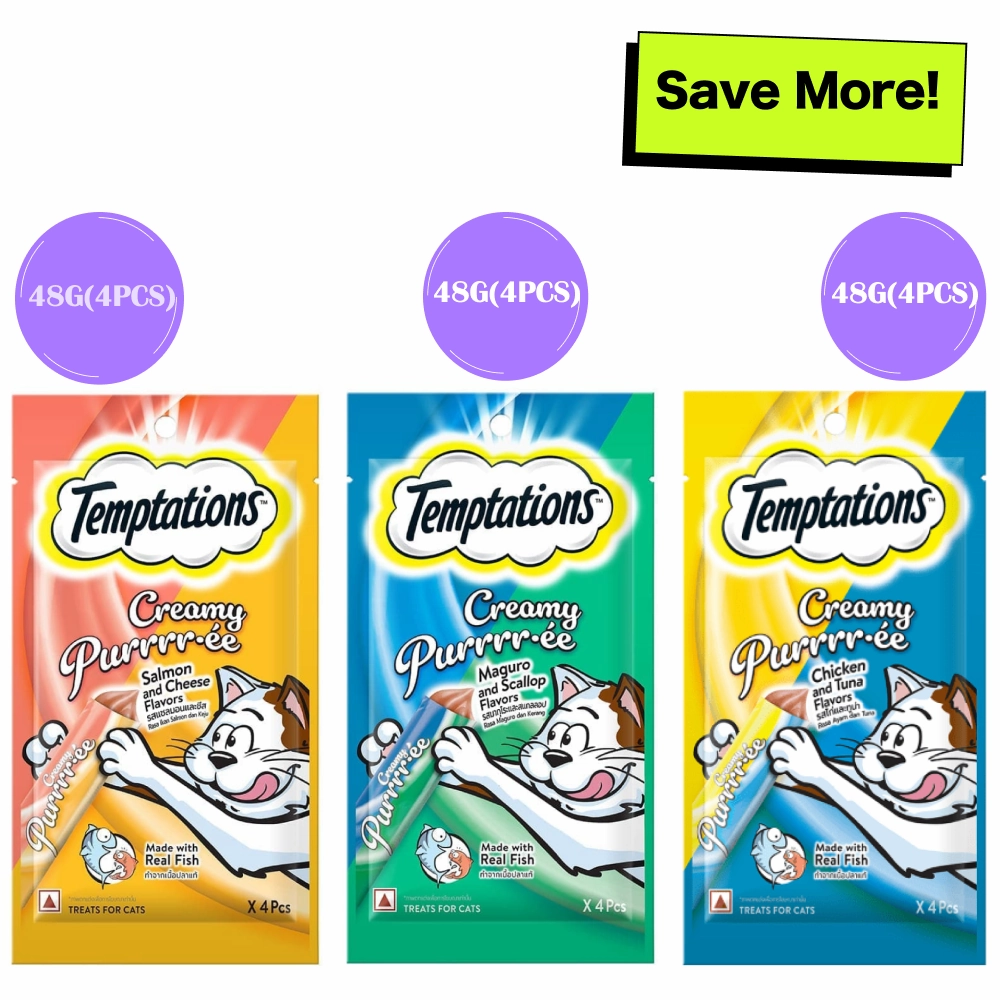 Temptations Purrrr ee Chicken & Tuna, Salmon & Cheese, Maguro & Scallop Cat Treats Combo