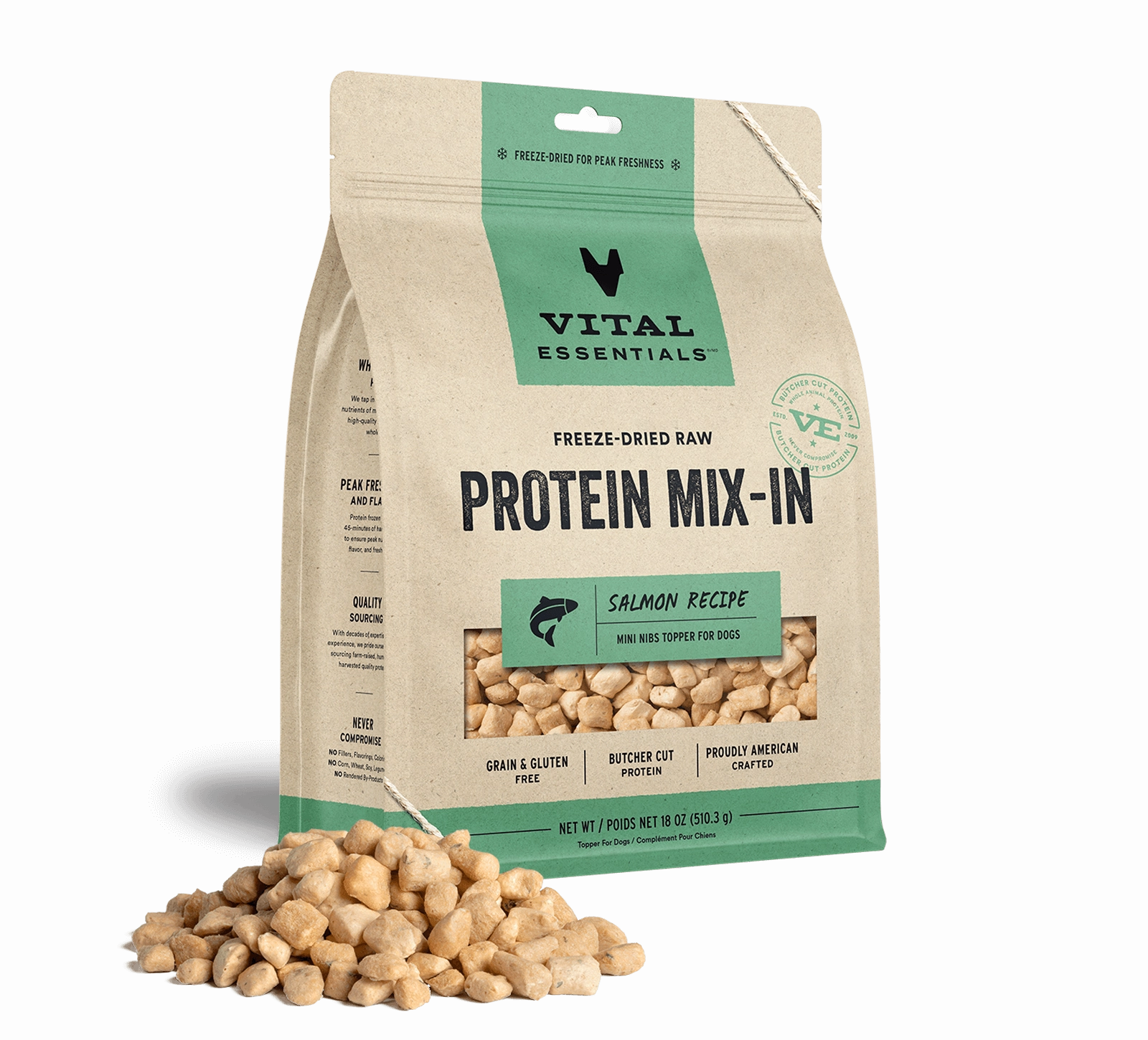 Vital Essentials Salmon Recipe Freeze-Dried Raw Protein Mix-In Mini Nibs Topper For Dogs